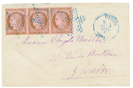 218 1876 Bande De 3 Du 10c CERES(n°54) Obl. Etoile BLEUE + PARIS(60) Bleu Sur Enveloppe Pour La SUISSE. RARE. TTB. - 1871-1875 Cérès