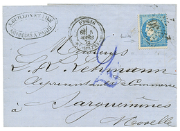 251 1872 25c(n°60) Obl. Etoile 30 + PARIS 5 Mars 72 + Taxe 2 Bleue Sur Lettre Pour SARGUEMINES. Verso, Ambulant Allemand - Autres & Non Classés