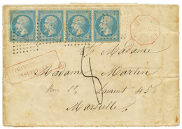 284 1863 FRANCE 20c(n°22)x4 Obl. ANCRE + Cachet Rarissime POS.AN.V SUEZ PAQ F. DONNAI En Rouge Sur Lettre Taxée 8 Avec T - Gebraucht