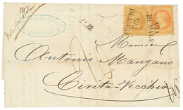 296 1870 10c(n°28) + 40c(n°31) Obl. Cachet Rare VIA DI MARE Sur Lettre De MARSEILLE Pour CIVITA-VECCHIA. Certificat BOTT - Used Stamps