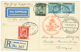 620 MAROC - ZEPPELIN : 1933 MAROC ANGLAIS 10c+ 40c+ 1P(x2) Obl. REGISTERED LARACHE + LUFTSCHIFF GRAF ZEPPELIN SUDAMERIKA - Autres & Non Classés