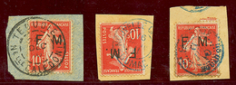 638 3 Timbres F.M De FRANCE Obl. TEOUDIE, KOUMAC, HOUAILOU Sur Fragments. RARE. TTB. - Altri & Non Classificati