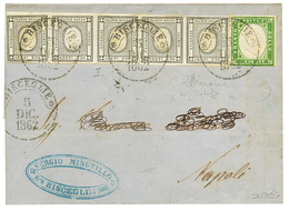 915 1862 1c Strip Of 5 With Nice Margins + 5c(n°13) Just Touched At Base Canc. BISCEGLIE On Cover To NAPOLI. Signed COLL - Non Classés