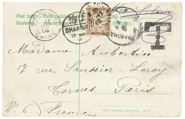 1131 1909 CHINA 1c(x2) Canc. SHANGHAI + Large "T" Chinese Tax Marking On Card To FRANCE Taxed On Arrival With FRANCE POS - Andere & Zonder Classificatie