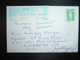 LETTRE Pour PORTUGAL TP M. DE BRIAT 2,70 OBL.3-2-1997 69 TARARE RHONE + VIGNETTE G03 à 0000,30 Du 03/02/97 - Postal Rates