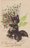 Cpa,bonne Année Avec Chat Noir,signée Manon Lessel,cat,black,tete De Chipi - Año Nuevo