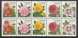 Sweden 2001 MNH Scott #2417f Booklet Pane Of 10 5 Different Peonies - Unused Stamps