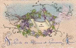 Carte Decoupi Avec Tissus Herbe Fleur De Violette Paillettes Strass 1917 Effet Relief - Sonstige & Ohne Zuordnung