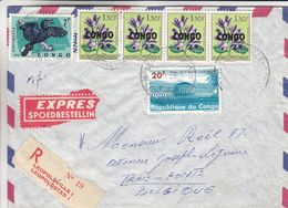 République Du Congo - Lettre Recom Exprès De 1965 - Oblit Léopoldville - Fleurs - Oiseaux - Cachet De Liège - 1960-1964 Repubblica Del Congo