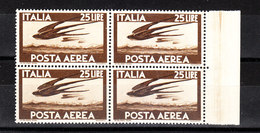 Italia  -  1947.  Aerea 25 £ Bruno  In Quartina Bordo Di Foglio Illinguellata MNH. Swallows In Flight - Airmail