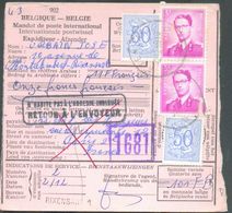 Mandat Poste International Affr. Baudouin Lunette Et Lion à 7Fr. Sc RIXENSART 2-12-1969 + Griffe Du Bureau De RIXENSART - 1953-1972 Brillen