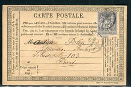 Carte Précurseur De Beaune Pour Paris En 1878 , Affranchissement Sage ( Trous D 'archive ) - Ref F25 - Precursor Cards