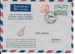 1948 - TCHECOSLOVAQUIE - ENVELOPPE 1° VOL PRAGUE à BOMBAY (INDE) - Lettres & Documents