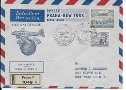 1946 - TCHECOSLOVAQUIE - ENVELOPPE  RECOMMANDEE 1° VOL PRAGUE à NEW YORK (USA) - Lettres & Documents