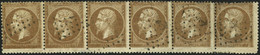Oblit. N°21 10c Bistre, Bande De 6 Obl Ancre Présentant Une Variété De Dentelure Au Niveau De La Perforation Verticale A - 1862 Napoleon III
