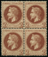 * N°26 2c Rouge Brun, Bloc De 4 - TB - 1863-1870 Napoleone III Con Gli Allori