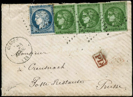 Lettre N°42B - 60A Bande De 3 Du 5c Vert-jaune + 20c Bleu S/lettre De Gisors Pour Creusnach (Prusse) Cachet D'arrivée Au - 1870 Emissione Di Bordeaux