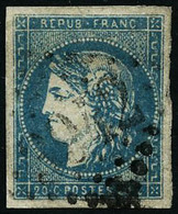 Oblit. N°44B 20c Bleu, Type I R2, Infime Pelurage Au Verso - B - 1870 Emissione Di Bordeaux