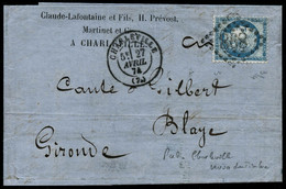 Lettre N°60B 25c Bleu, Type II Publicité Claude Lafontaine Au Verso S/lettre 27/04/74 - TB - 1871-1875 Ceres