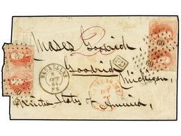 60 BELGICA. 1864. BRUXELLES To U.S.A. Folded Letter Franked With Four <B>40 Cts.</B> Red Stamps. Envelope Cut Left Side. - Autres & Non Classés