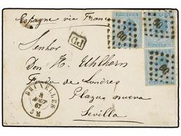 77 BELGICA. Of.18 (3). 1867. BRUXELLES To SEVILLA (Spain). Envelope Franked With Three <B>20 Cts.</B> Blue Stamps, Tied  - Autres & Non Classés