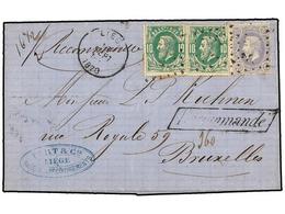 93 BELGICA. Of.30 (2), 31. 1870. LIEGE To BRUXELLES. Entire Letter Franked With Two <B>10 Cts.</B> Green And <B>20 Cts.< - Autres & Non Classés