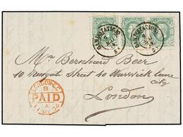 113 BELGICA. Of.30 (3). 1874. GAND To LONDON. Entire Letter Franked With Strip Of Three <B>10 Cts.</B> Green Stamps. Arr - Andere & Zonder Classificatie