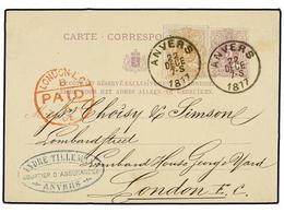 125 BELGICA. Of.28. 1877. ANVERS To LONDON. <B>5 Cts. </B>lilac Postal Stationery Card Uprated With <B>5 Cts.</B> Ocre S - Autres & Non Classés