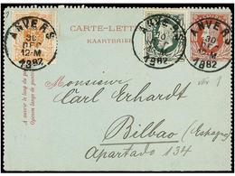 141 BELGICA. Of.28, 30. 1882. ANVERS To BILBAO (Spain). <B>10 Cts.</B> Rose Postal Stationery Card Uprated With <B>5 Cts - Andere & Zonder Classificatie