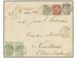 252 BELGICA. Of.56 (3), 58, 63. 1900. ANVERS To AUCKLAND (New Zealand). Envelope Franked With Three <B>5 Cts.</B> Green, - Andere & Zonder Classificatie