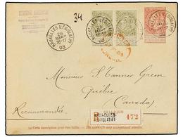 278 BELGICA. Of.59 (2). 1903. BRUXELLES To CANADA. <B>10 Cts.</B> Red Postal Stationery Envelope Uprated With Two <B>20  - Altri & Non Classificati