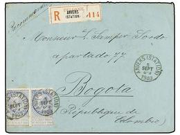 279 BELGICA. Of.60 (2). 1903. ANVERS To BOGOTA (Colombia). Envelope Franked With Two <B>25 Cts.</B> Blue Stamps, Sent Re - Autres & Non Classés