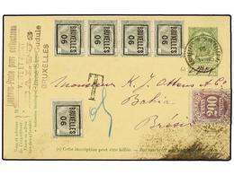 296 BELGICA. 1906. BRUXELLES To BAHIA (Brazil). <B>5 Cts.</B> Green Postal Stationery Envelope Uprated With Five 'Pre-Ob - Sonstige & Ohne Zuordnung