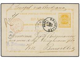 327 BRASIL. 1882. SANTOS A BRUSELAS. Entero Postal De <B>80 Reis</B> Amarillo, Fechador Octogonal Marítimo Francés<B> RI - Sonstige & Ohne Zuordnung