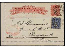 347 CHILE. 1888. VALDIVIA A ALEMANIA. Tarjeta Postal De <B>5 Ctvos.</B> Rojo Para El Servicio Interior Con Franqueo Adic - Autres & Non Classés
