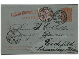 349 CHILE. 1889 (Aug 5). <B>3c</B>. Red On Blue Stationery Card Used To Hamburg/Germany Cancelled By <B>Valparaiso</B> C - Sonstige & Ohne Zuordnung