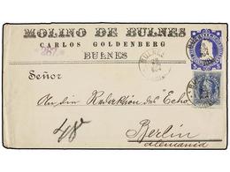 391 CHILE. 1904. BULNES A ALEMANIA. Entero Postal Particular <B>MOLINO DE BULNES</B> De <B>5 Cts.</B> Azul Con Franqueo  - Other & Unclassified