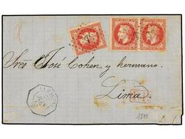 422 CUBA. 1872. Cover From HAVANA To LIMA (Peru) Franked By France 1867 <B>80c.</B> Carmine (3 Examples) All Tied By <B> - Autres & Non Classés