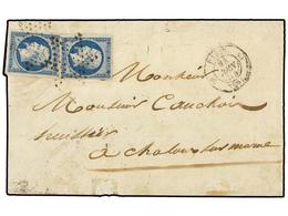 495 FRANCIA. Yv.15 (2). 1854. PARÍS A CHALLONS. <B>25 Cts.</B> Azul (2) Grandes Márgenes. Cert. ROUMET. Yvert.1.400€. - Andere & Zonder Classificatie