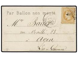 512 FRANCIA. 1870 (Oct. 5). ST. OUEN To AGEN. <B>BALLOON 'LE NON DENOMME Nª2'</B>. Special POST CAR <I>'PAR BALLON NON M - Andere & Zonder Classificatie