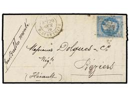 518 FRANCIA. 1870 (20 Oct.). PARIS To BEZIERS. <B>BALLOON 'LE GARIBALDI'</B>. Entire Letter Franked With <B>20 Cts.</B>  - Autres & Non Classés