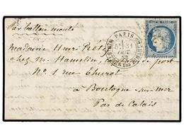 521 FRANCIA. 1870 (Oct. 31). PARIS To BOULOGNE SUR MER. <B>BALLOON 'LE FOULTON'.</B> Entire Franked With <B>20 Cts.</B>  - Altri & Non Classificati