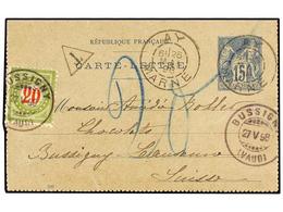 562 FRANCIA. 1898. AY To SWITZERLAND. <B>15 Cts.</B> Blue Postal Stationery Card Taxed On Arrival With Swiss <B>20 Cts.< - Sonstige & Ohne Zuordnung