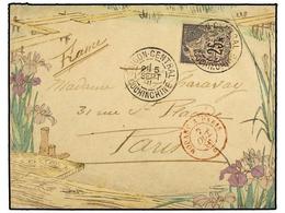 597 INDOCHINA FRANCESA. 1891 (Sept 5). Cover (decorative Japanese Envelope) Mailed From Saigon To Paris Franked By Gener - Autres & Non Classés