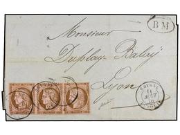 609 LEVANTE. 1876. SMYRNE A LYON. <B>10 Cts. </B>castaño S. Rosa, Tira De Tres, Mat. <B>SMYRNE/TURQUIE </B> Y Marca <B>B - Autres & Non Classés