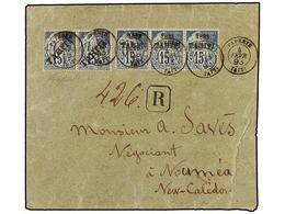 643 TAHITI. Yv.12 (2) + 24 (3). 1893. PAPEETE To NOUMEA.<B> 15 Cts.</B> Blue Pair And Strip Of Three Of Two Different Is - Andere & Zonder Classificatie