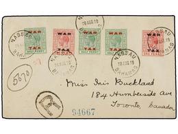 705 BAHAMAS. 1919. NASSAU To TORONTO (Canada). <B>1/2 D.</B> (3), <B>1 D.</B> (2) <B>WAR TAX</B> Stamps, Arrival On Reve - Altri & Non Classificati