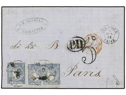 732 ESPAÑA. Ed.81 (2). 1866. GIBRALTAR A PARÍS. <B>4 Cuartos</B> Azul (3). Mat. <B>R.C. 63</B> De San Roque. RARO Franqu - Other & Unclassified