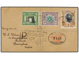 863 TONGA. Sg.44/46. 1916. NUKUALOFA To GREAT BRITAIN. <B>3 D., 4 D.</B> And <B>5 D.</B> Stamps, Arrival Cds On Reverse. - Altri & Non Classificati