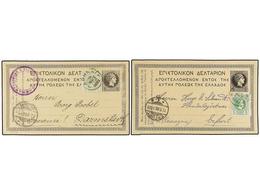 884 GRECIA. 1899. 2 Postal Stationary Cards Of <B>5 L.</B> Black Uprated With <B>5 L.</B> Green Stamp (perf. And Imperf. - Altri & Non Classificati